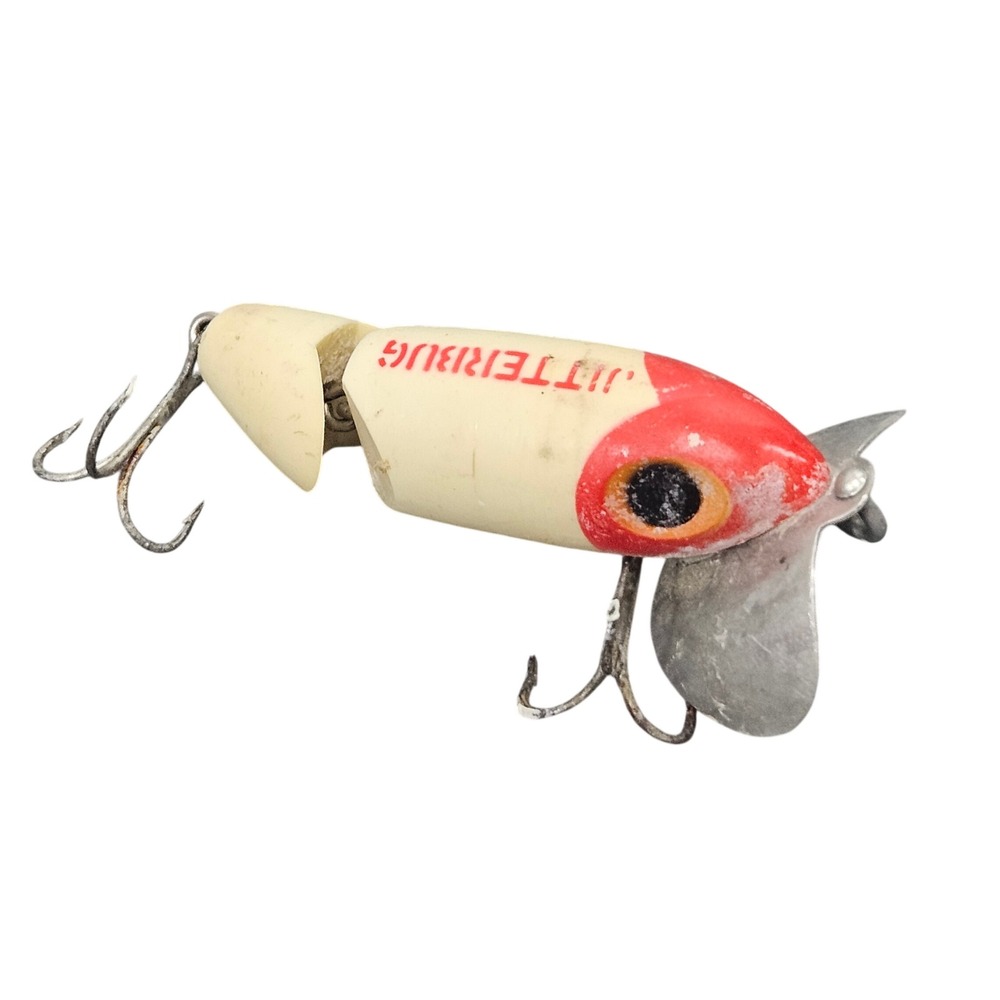 Vintage Fred Arbogast Jitterbug Fishing Lure Red Head White Jointed‎ 3in Bait